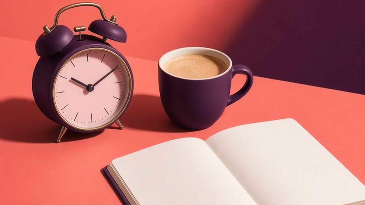 Plum alarm clock and plum coffee mug beside an open blank notebook on a coral background